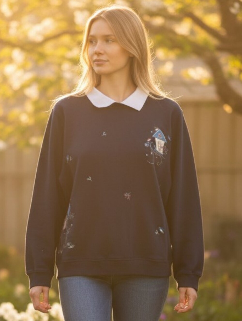 FEATHERS Navy Sweatshirt with White Collar
